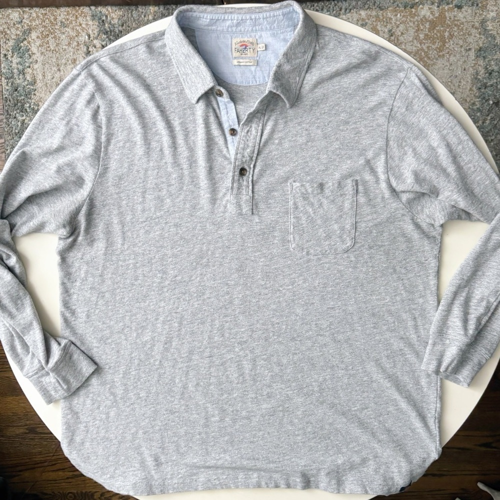 Faherty Men’s Luxe Solid Gray Long Sleeve Polo Shirt Size XL